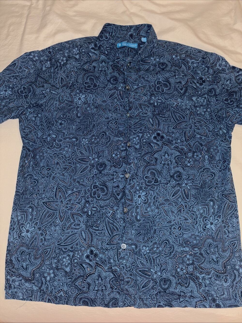 Tori Richard Shirt Mens Blue Tag Slim Fit Cotton Lawn Indigo Paisley Floral L